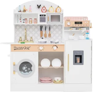 HONEY JOY Kids Kitchen Playset, Wooden Toy Kitchen Set w/Lights, Coffee Maker, Microwave, Sink, Ice Maker, Washing Machine, Little Chef Pretend Play Kitchen for Toddlers Boys Girls (White)