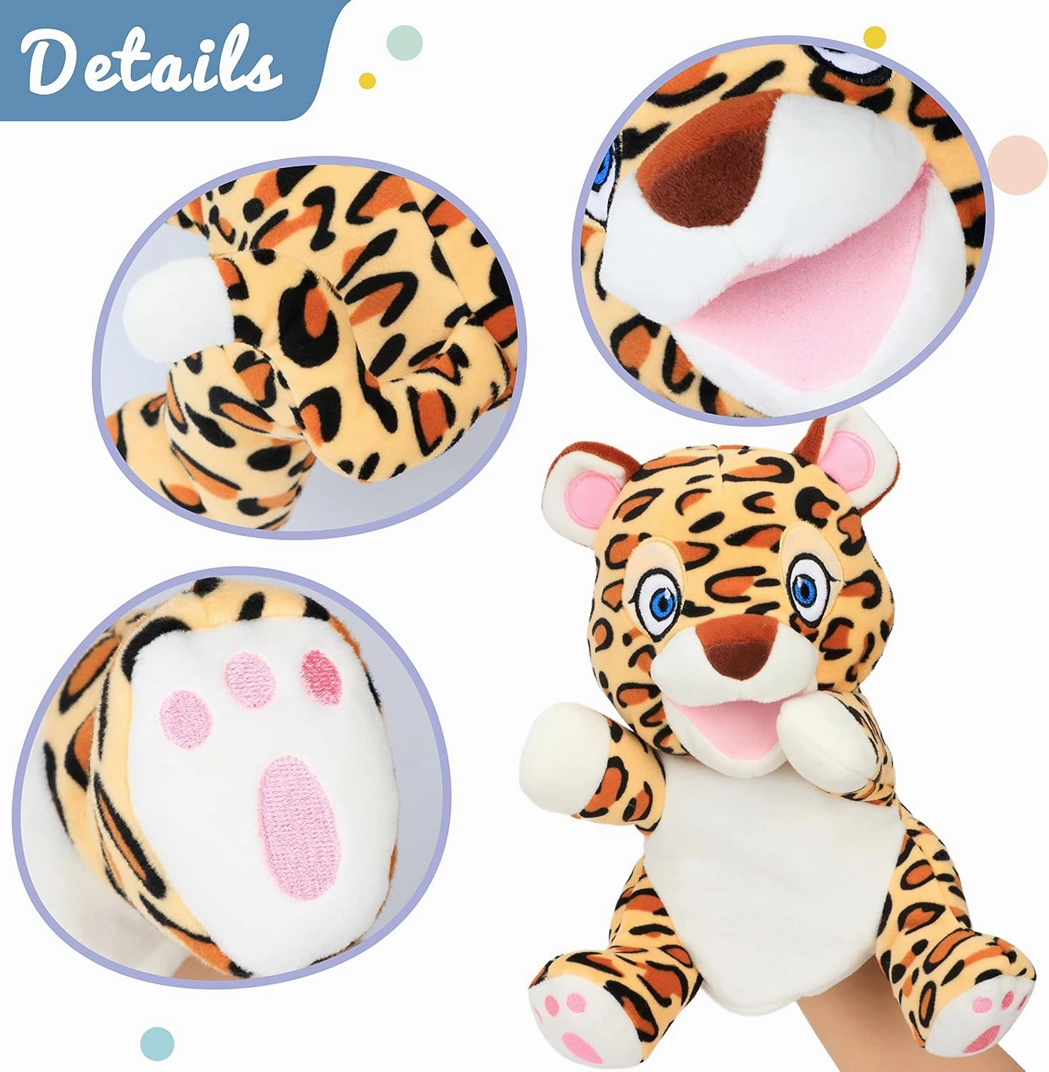 Hopearl Plush Cheetah Hand Puppet Leopard Wildlife Puppet with Open Movable Mouth for Imaginative Play, Role Play, Interactive Toy for Storytelling Teaching Puppet Theater, Gifts for Kids, Brown, 11''