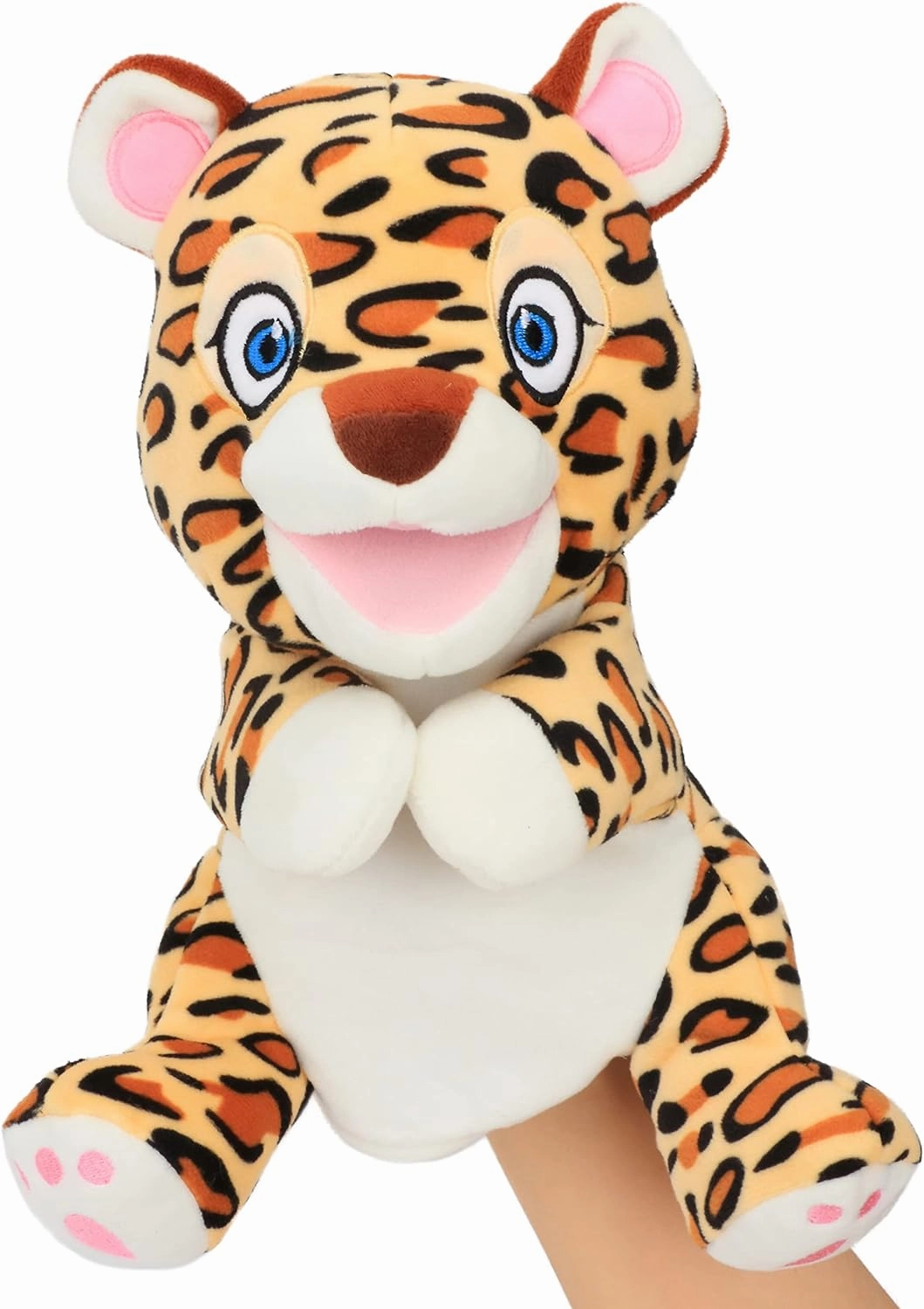 Hopearl Plush Cheetah Hand Puppet Leopard Wildlife Puppet with Open Movable Mouth for Imaginative Play, Role Play, Interactive Toy for Storytelling Teaching Puppet Theater, Gifts for Kids, Brown, 11''