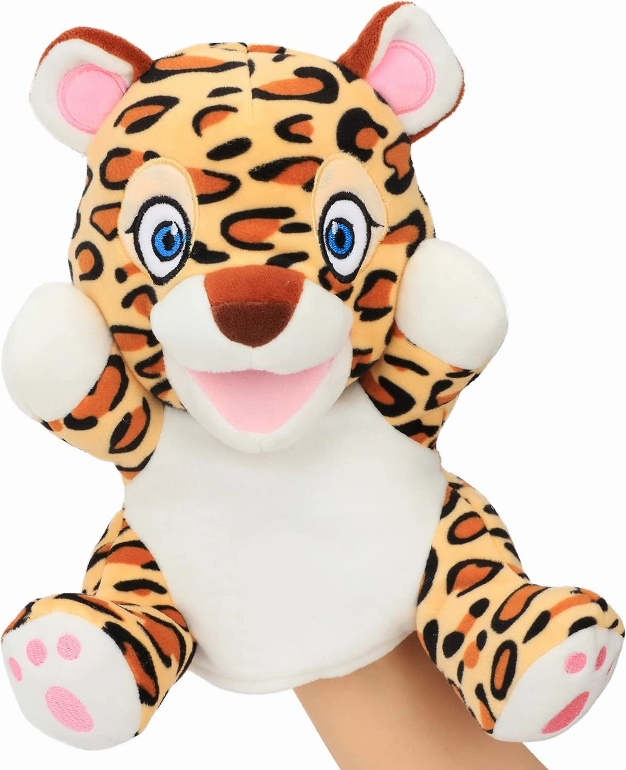 Hopearl Plush Cheetah Hand Puppet Leopard Wildlife Puppet with Open Movable Mouth for Imaginative Play, Role Play, Interactive Toy for Storytelling Teaching Puppet Theater, Gifts for Kids, Brown, 11''