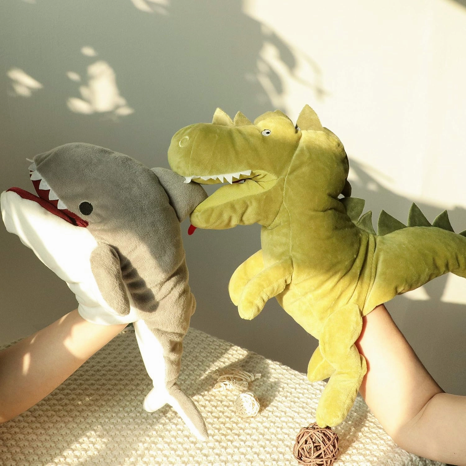 Hopearl Plush Shark Hand Puppet with Open Movable Mouth for Imaginative Play, Role Play, Interactive Toy for Storytelling Teaching Puppet Theater, Birthday for Kids Boys Girls, Gray, 13''