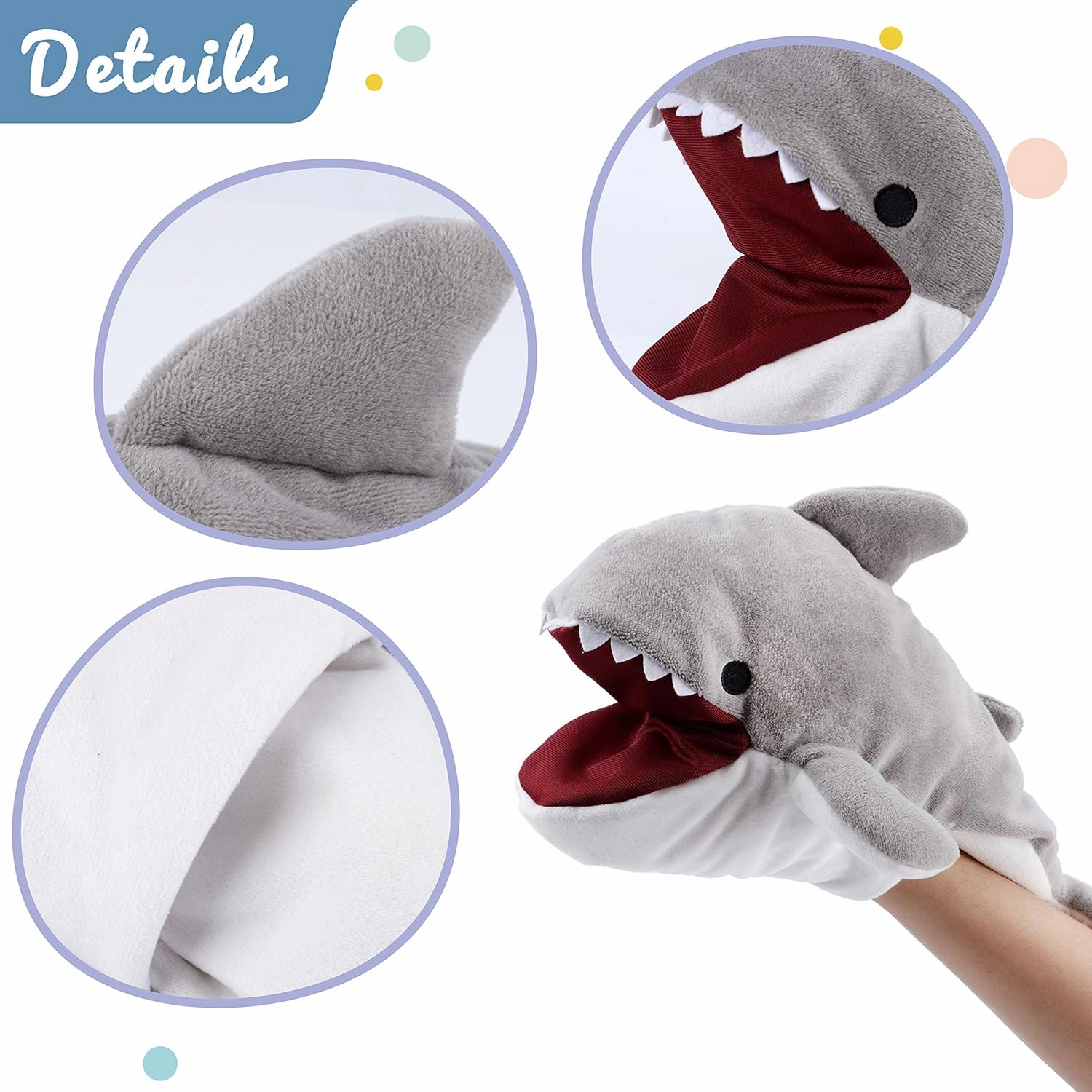 Hopearl Plush Shark Hand Puppet with Open Movable Mouth for Imaginative Play, Role Play, Interactive Toy for Storytelling Teaching Puppet Theater, Birthday for Kids Boys Girls, Gray, 13''