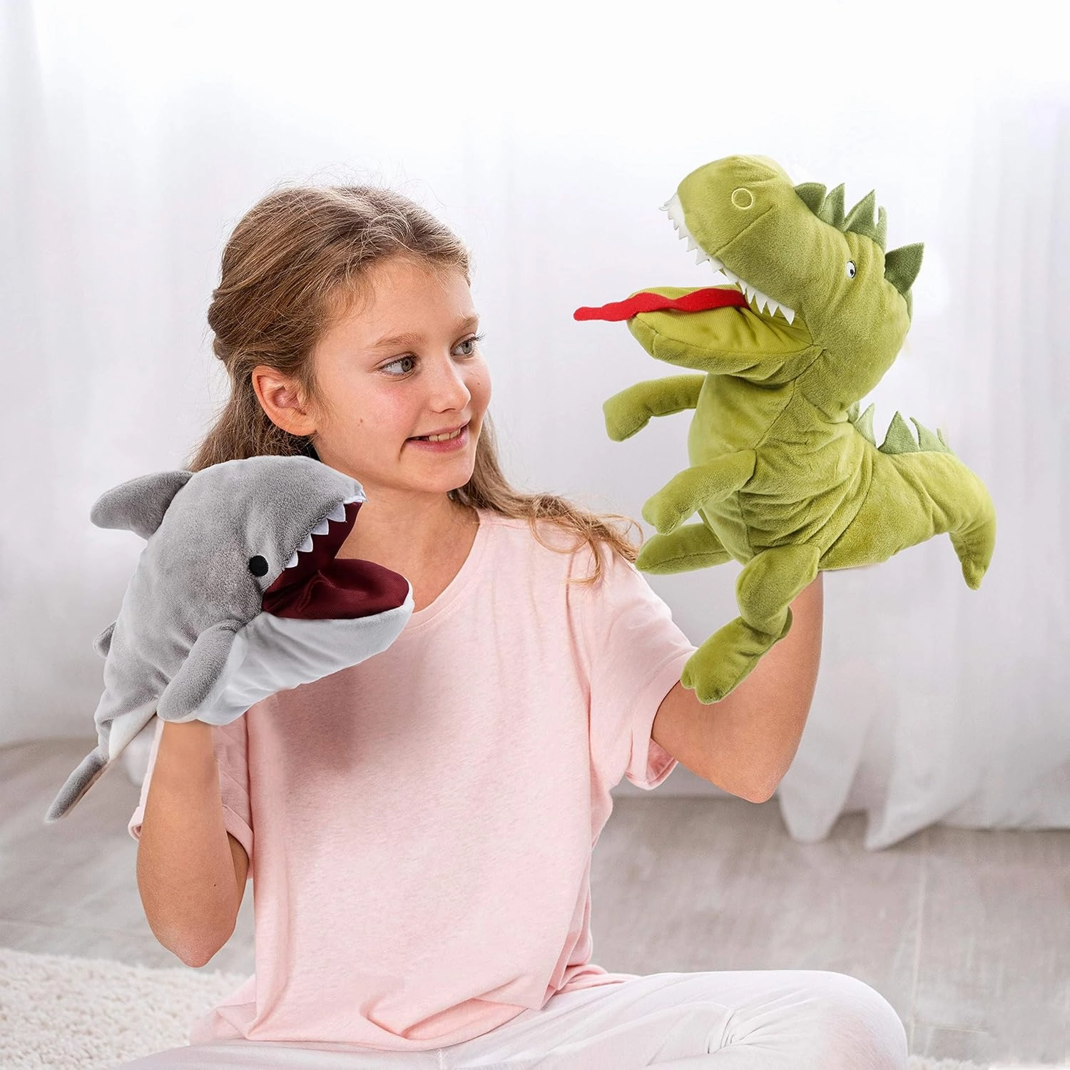 Hopearl Plush Shark Hand Puppet with Open Movable Mouth for Imaginative Play, Role Play, Interactive Toy for Storytelling Teaching Puppet Theater, Birthday for Kids Boys Girls, Gray, 13''