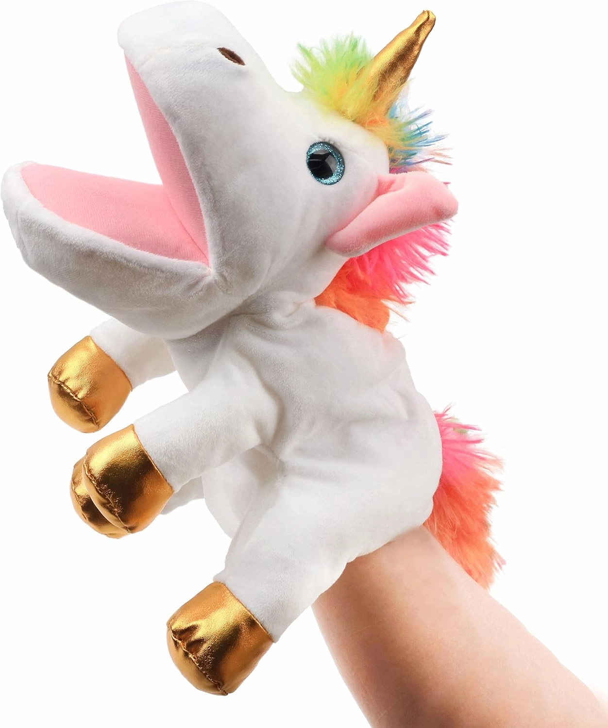 Hopearl Plush Unicorn Hand Puppet with Open Movable Mouth for Imaginative Play, Role Play, Interactive Toy for Storytelling Teaching Puppet Theater, Birthday Gifts for Kids Girls, White, 12''