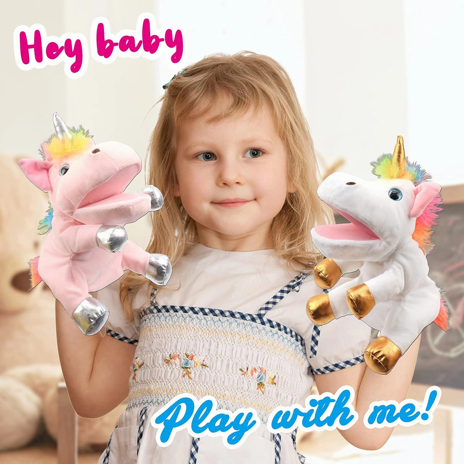 Hopearl Plush Unicorn Hand Puppet with Open Movable Mouth for Imaginative Play, Role Play, Interactive Toy for Storytelling Teaching Puppet Theater, Birthday Gifts for Kids Girls, White, 12''