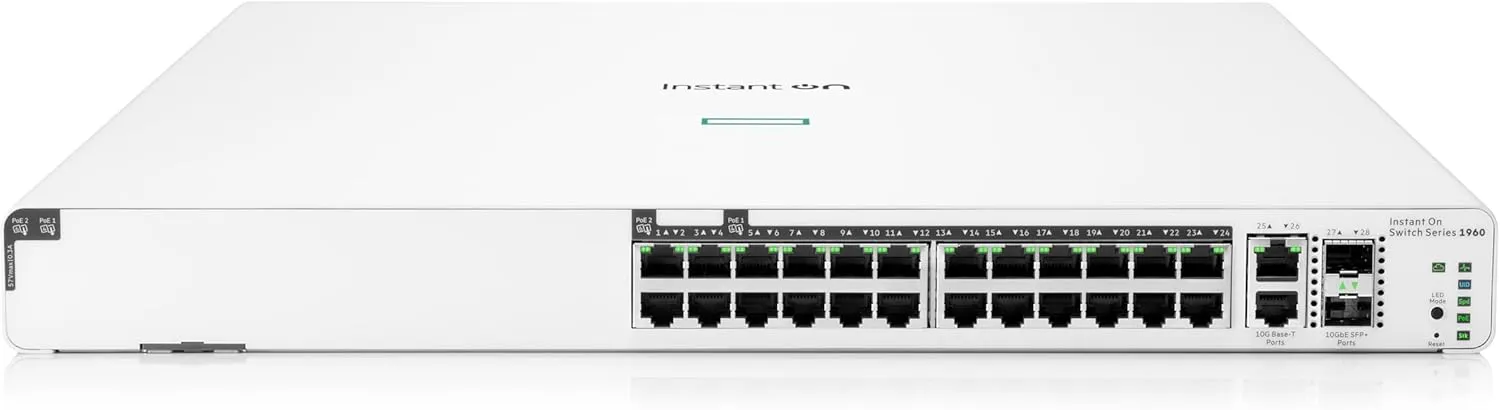 HPE Networking Instant On Switch Series 1960 24-Port Gb Smart-Managed Layer 2  Ethernet Switch with PoE | 24x 1G | 2X 10GBase-T, 2X SFP  | 20x CL4, 4X CL6 PoE 370W | Stackable | US Cord (JL807A#ABA)