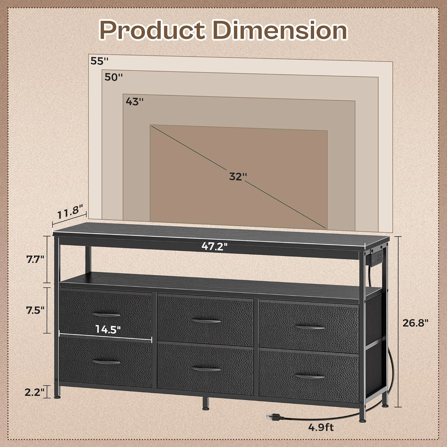 Huuger LED TV Stand for Bedroom, 47 Inch Fabric Dresser with Power Outlets, Entertainment Center for 55, 50, 43 Inch TV, 6 Drawer Dresser for Bedroom, Chest of Drawers with Shelf, PU Leather, Black