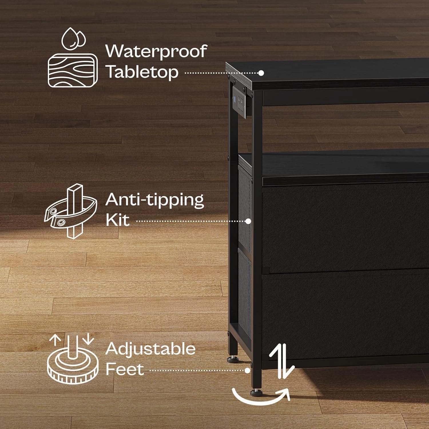 Huuger LED TV Stand for Bedroom, 47 Inch Fabric Dresser with Power Outlets, Entertainment Center for 55, 50, 43 Inch TV, 6 Drawer Dresser for Bedroom, Chest of Drawers with Shelf, PU Leather, Black