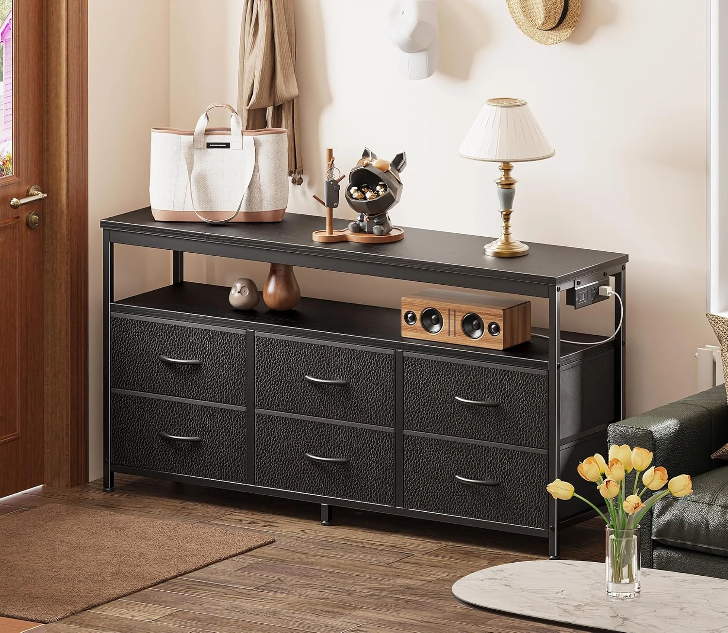 Huuger LED TV Stand for Bedroom, 47 Inch Fabric Dresser with Power Outlets, Entertainment Center for 55, 50, 43 Inch TV, 6 Drawer Dresser for Bedroom, Chest of Drawers with Shelf, PU Leather, Black