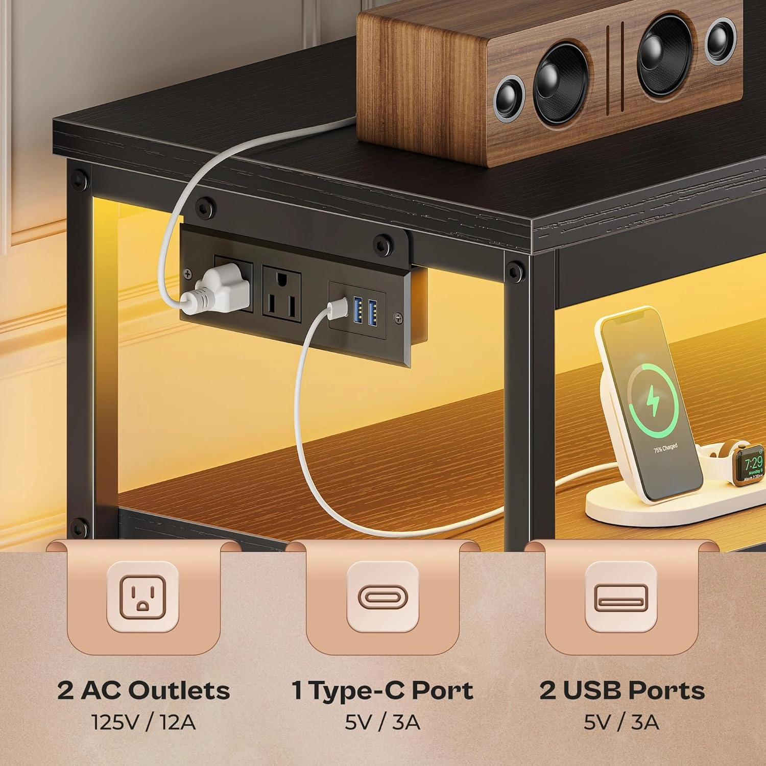 Huuger LED TV Stand for Bedroom, 47 Inch Fabric Dresser with Power Outlets, Entertainment Center for 55, 50, 43 Inch TV, 6 Drawer Dresser for Bedroom, Chest of Drawers with Shelf, PU Leather, Black