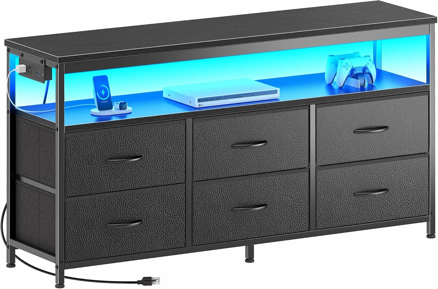 Huuger LED TV Stand for Bedroom, 47 Inch Fabric Dresser with Power Outlets, Entertainment Center for 55, 50, 43 Inch TV, 6 Drawer Dresser for Bedroom, Chest of Drawers with Shelf, PU Leather, Black