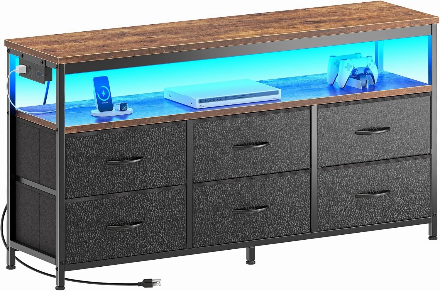 Huuger LED TV Stand for Bedroom, 47 Inch Fabric Dresser with Power Outlets, Entertainment Center for 55, 50 Inch TV, 6 Drawer Dresser for Bedroom, Chest of Drawers with Shelf, PU Leather, Rustic Brown