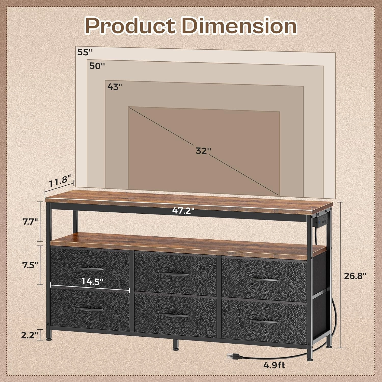 Huuger LED TV Stand for Bedroom, 47 Inch Fabric Dresser with Power Outlets, Entertainment Center for 55, 50 Inch TV, 6 Drawer Dresser for Bedroom, Chest of Drawers with Shelf, PU Leather, Rustic Brown
