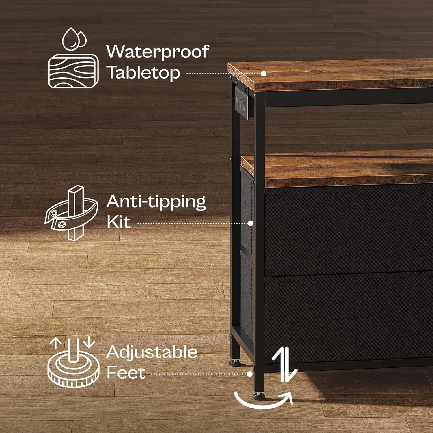 Huuger LED TV Stand for Bedroom, 47 Inch Fabric Dresser with Power Outlets, Entertainment Center for 55, 50 Inch TV, 6 Drawer Dresser for Bedroom, Chest of Drawers with Shelf, PU Leather, Rustic Brown