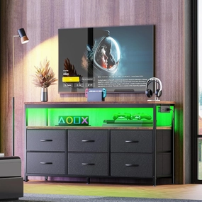 Huuger LED TV Stand for Bedroom, 47 Inch Fabric Dresser with Power Outlets, Entertainment Center for 55, 50 Inch TV, 6 Drawer Dresser for Bedroom, Chest of Drawers with Shelf, PU Leather, Rustic Brown
