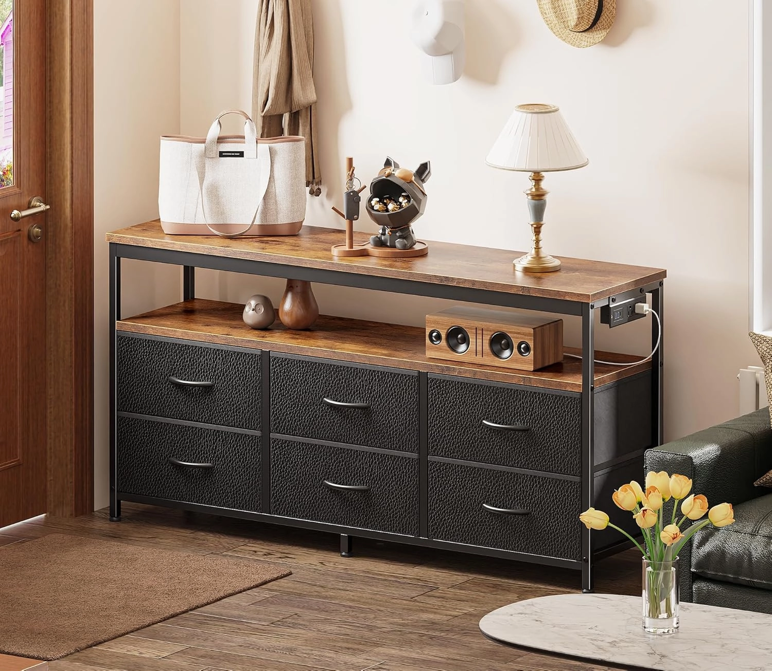 Huuger LED TV Stand for Bedroom, 47 Inch Fabric Dresser with Power Outlets, Entertainment Center for 55, 50 Inch TV, 6 Drawer Dresser for Bedroom, Chest of Drawers with Shelf, PU Leather, Rustic Brown