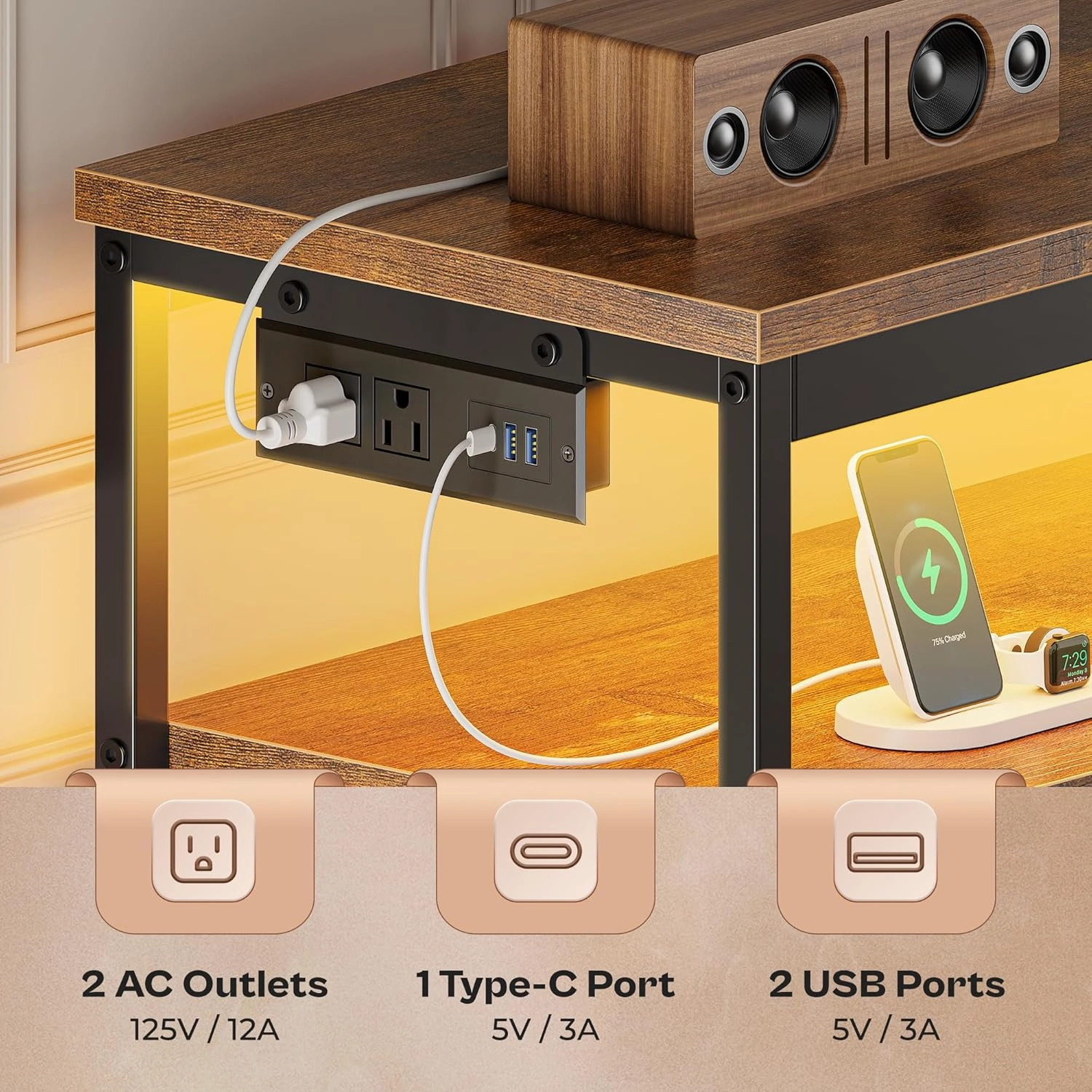 Huuger LED TV Stand for Bedroom, 47 Inch Fabric Dresser with Power Outlets, Entertainment Center for 55, 50 Inch TV, 6 Drawer Dresser for Bedroom, Chest of Drawers with Shelf, PU Leather, Rustic Brown