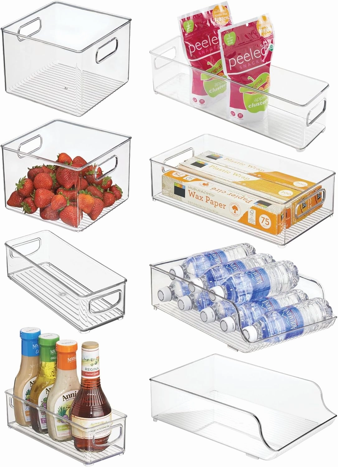 iDesign Fridge Storage Bin Set - Includes Bins with Handles and Water Bottle Holder, Set of 8, Clear