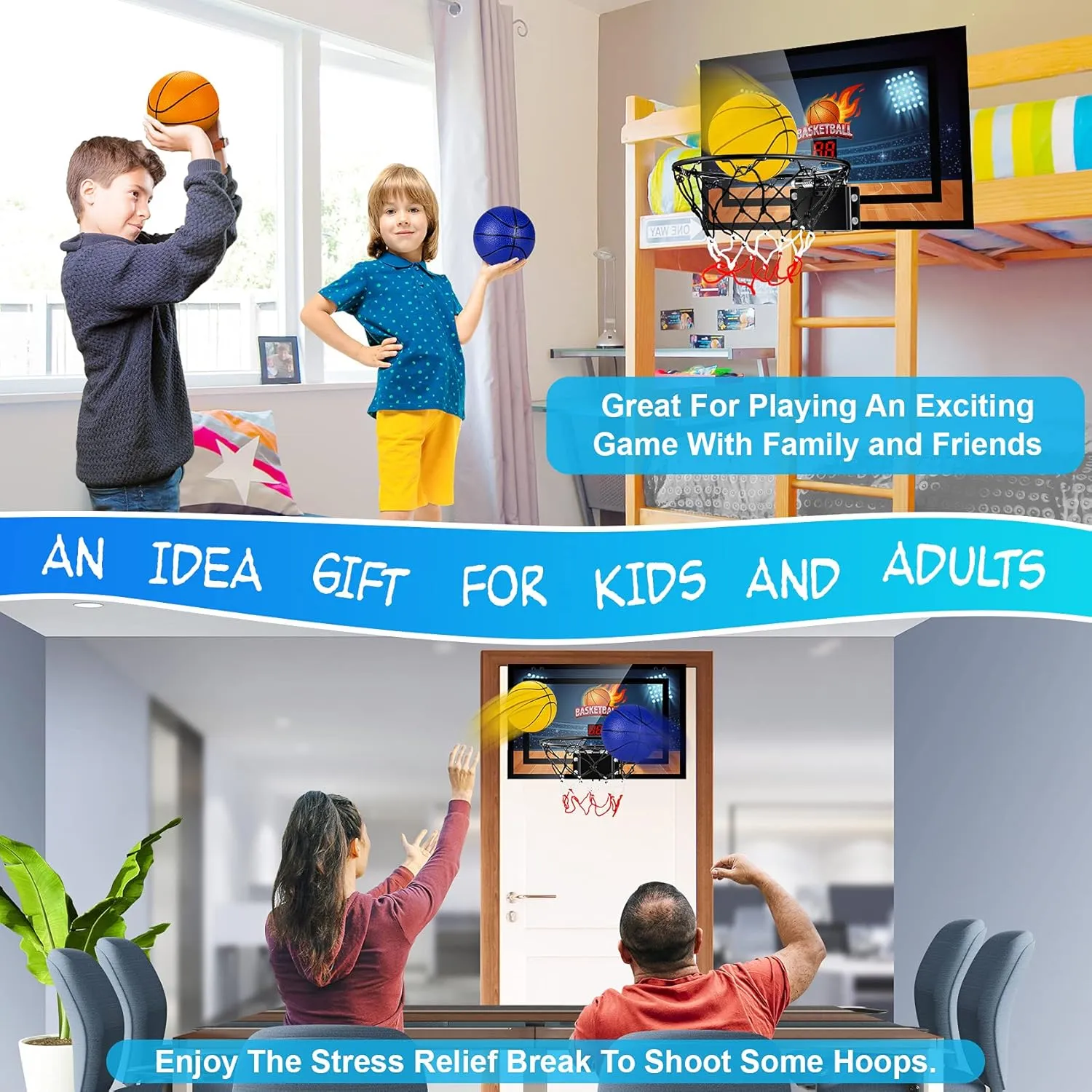 Indoor Basketball Hoop Boys Gifts for Teens and Adults Door Room Basketball Hoop Mini Hoop with Electronic Scoreboard, 3 Balls and Batteries Basketball Toys for 8 9 10 11 12