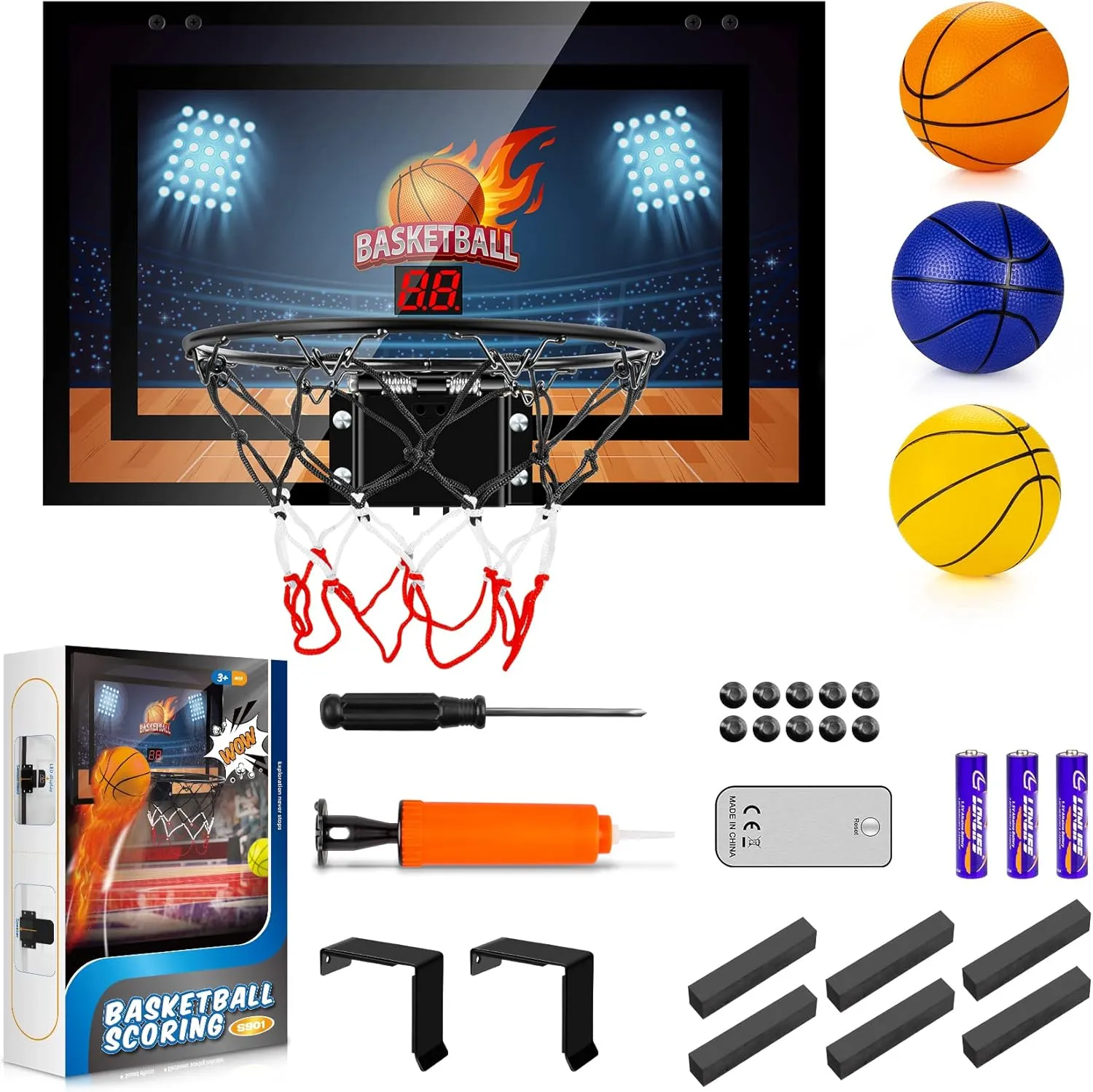 Indoor Basketball Hoop Boys Gifts for Teens and Adults Door Room Basketball Hoop Mini Hoop with Electronic Scoreboard, 3 Balls and Batteries Basketball Toys for 8 9 10 11 12