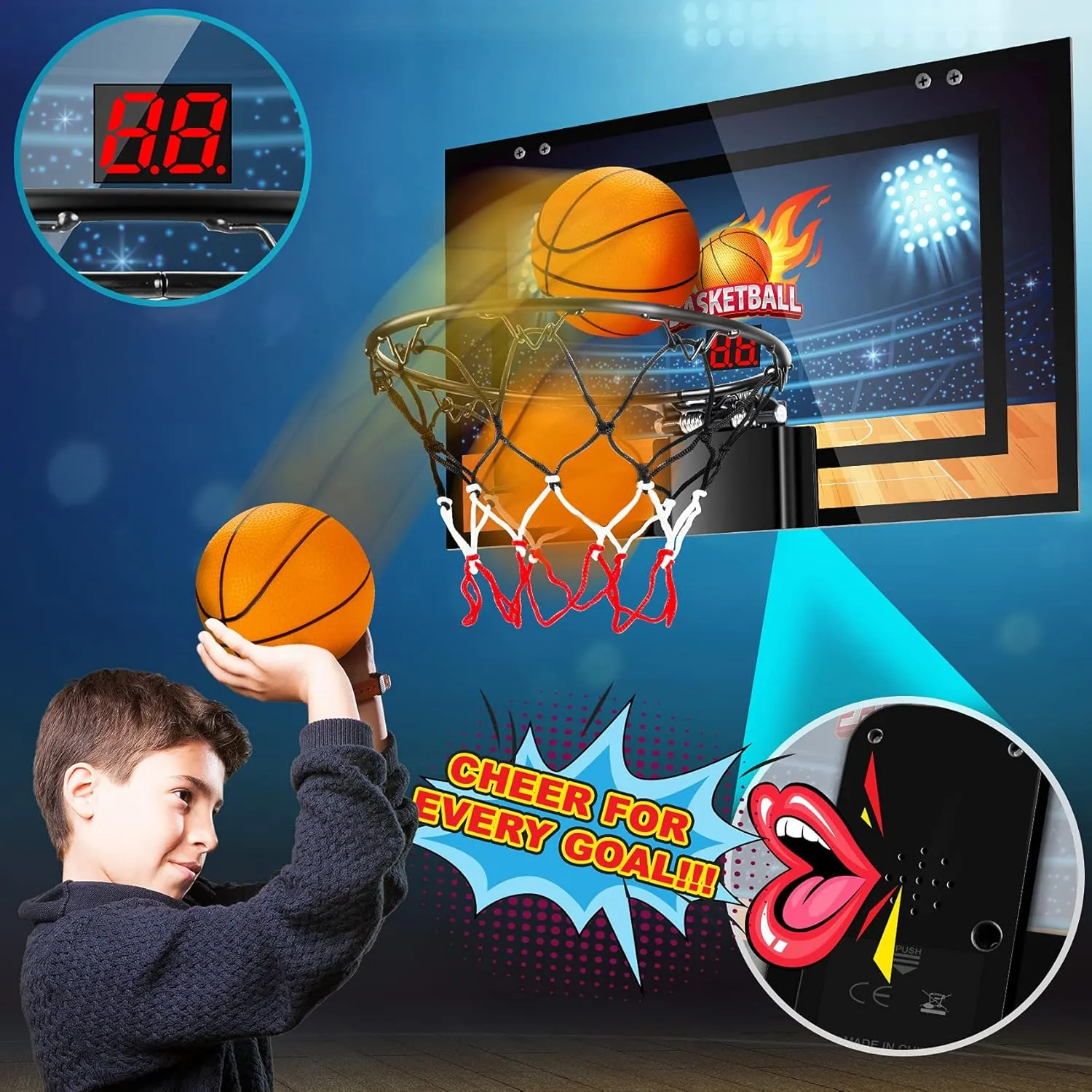 Indoor Basketball Hoop Boys Gifts for Teens and Adults Door Room Basketball Hoop Mini Hoop with Electronic Scoreboard, 3 Balls and Batteries Basketball Toys for 8 9 10 11 12