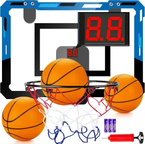 Indoor Basketball Hoop for Kids and Adults with Scorer with 2 Scoring Methods, Door Room Basketball Mini Hoop with 3 Batteries and Balls, Basketball Accessories for Teen Boy Gifts