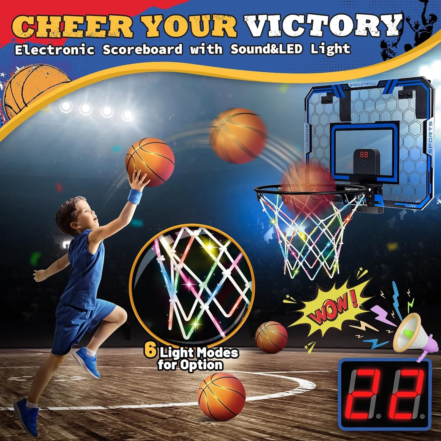Indoor Basketball Hoop for Kids, Remote Control Mini Basketball Hoop with LED Light Basketball Net, Audio Scoreboard and 3 Balls, Basketball Sport Toys for Kids 5 6 7 8 9 10 11 12 Years Old