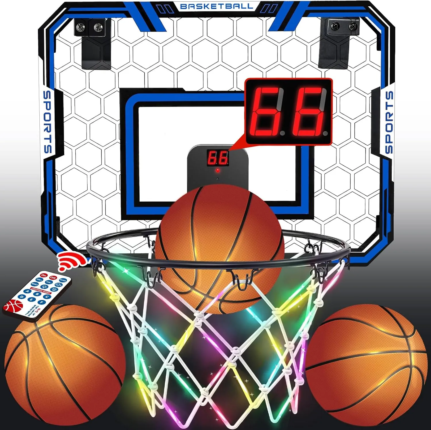 Indoor Basketball Hoop for Kids, Remote Control Mini Basketball Hoop with LED Light Basketball Net, Audio Scoreboard and 3 Balls, Basketball Sport Toys for Kids 5 6 7 8 9 10 11 12 Years Old