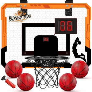 Indoor Mini Basketball Hoop for Kids, Over The Door Basketball Hoops, Mini Hoop Basketball with Scoreboard, 4 Balls, Birthday Gifts Toys for 5 6 7 8 9 10 11 12 Year Old Boys Girls