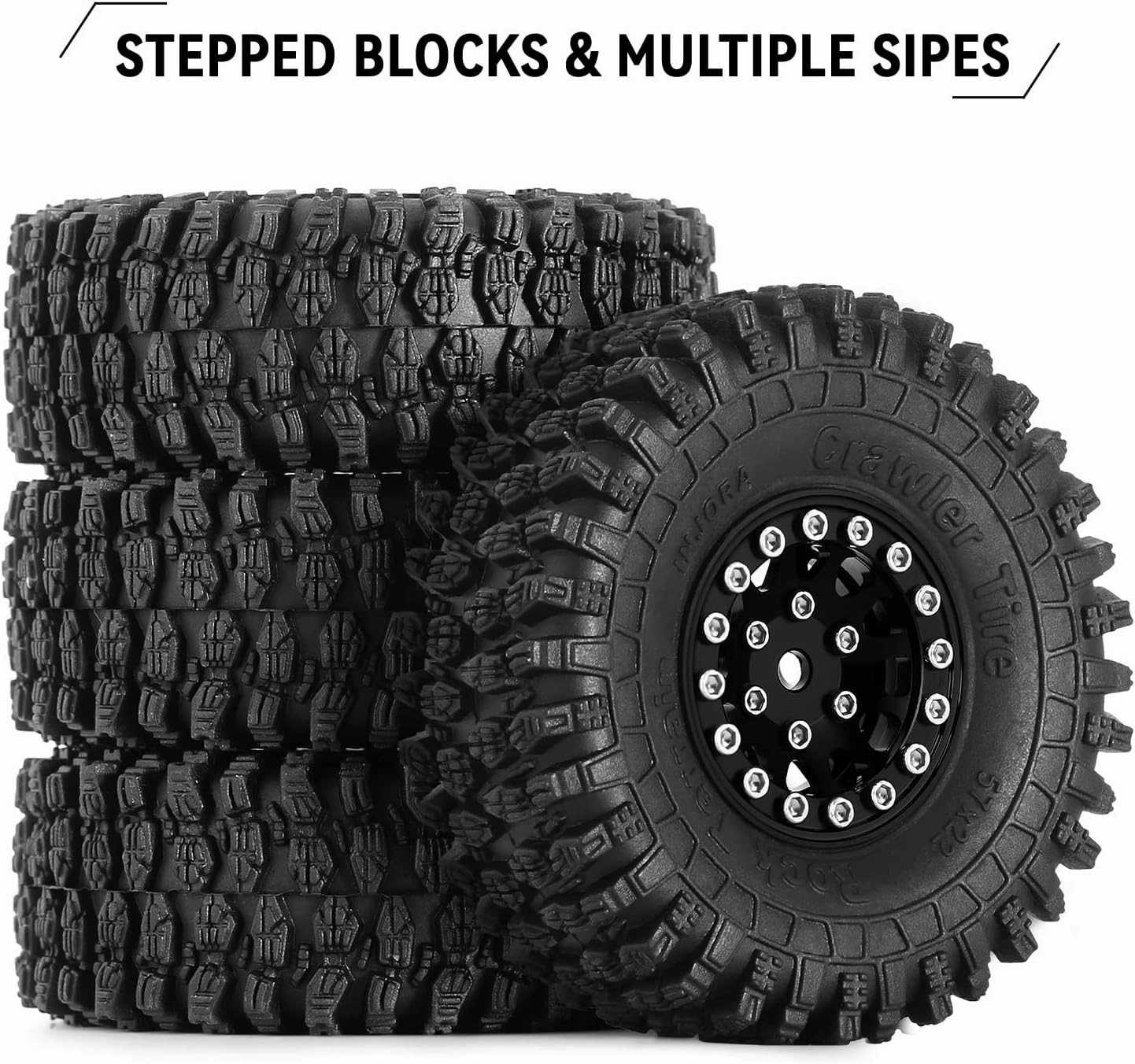 INJORA 1.0 Beadlock Wheel S5 Super Soft Sticky Crawler Tires for TRX4M Axial AX24 SCX24 FCX24 Enduro24 Upgrade, 57 * 22mm(Black)