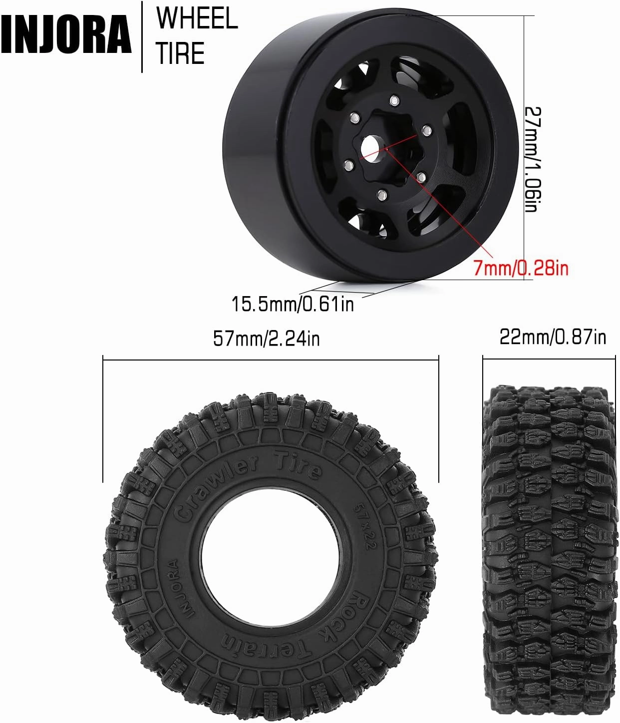 INJORA 1.0 Beadlock Wheel S5 Super Soft Sticky Crawler Tires for TRX4M Axial AX24 SCX24 FCX24 Enduro24 Upgrade, 57 * 22mm(Black)