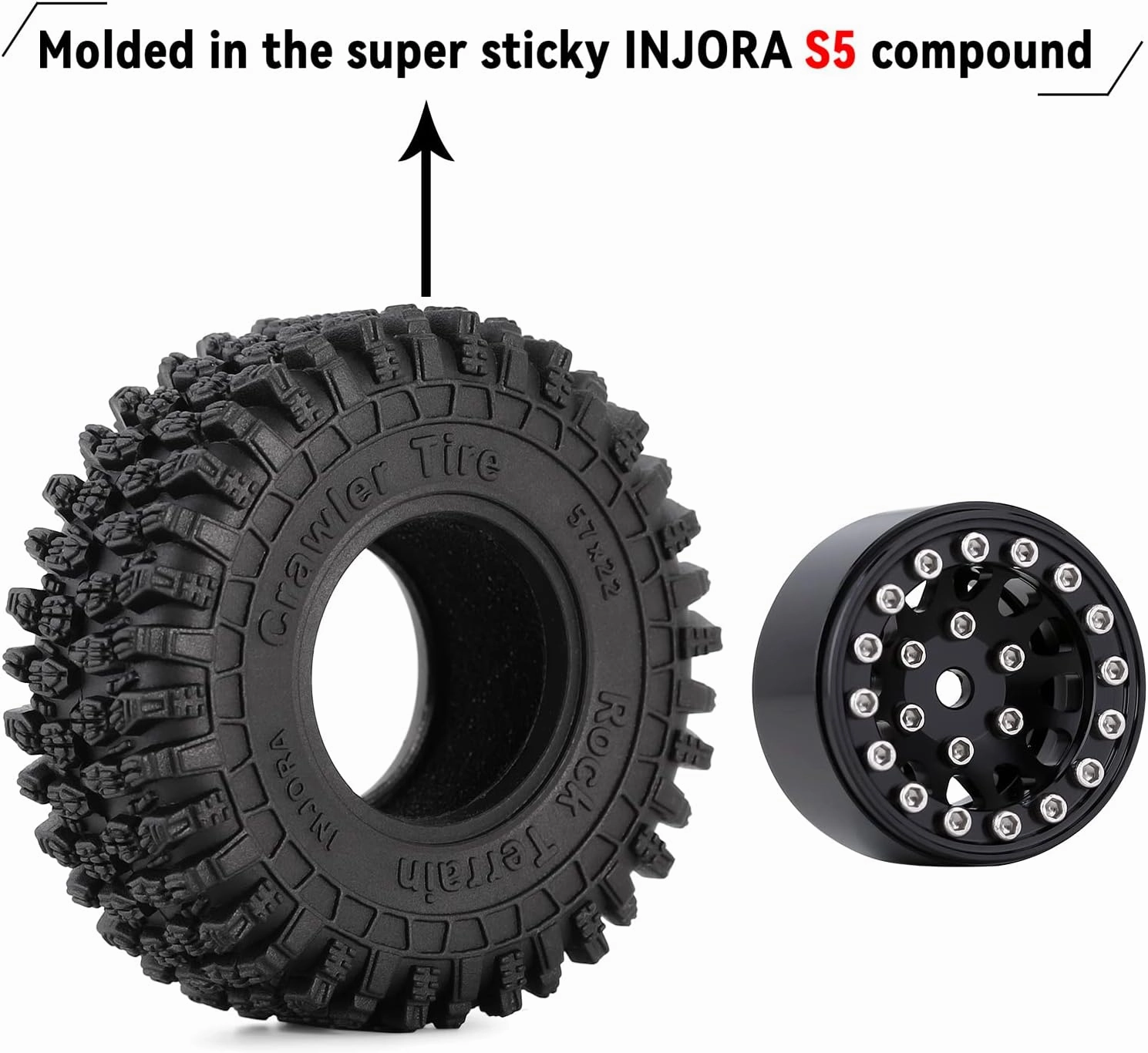 INJORA 1.0 Beadlock Wheel S5 Super Soft Sticky Crawler Tires for TRX4M Axial AX24 SCX24 FCX24 Enduro24 Upgrade, 57 * 22mm(Black)