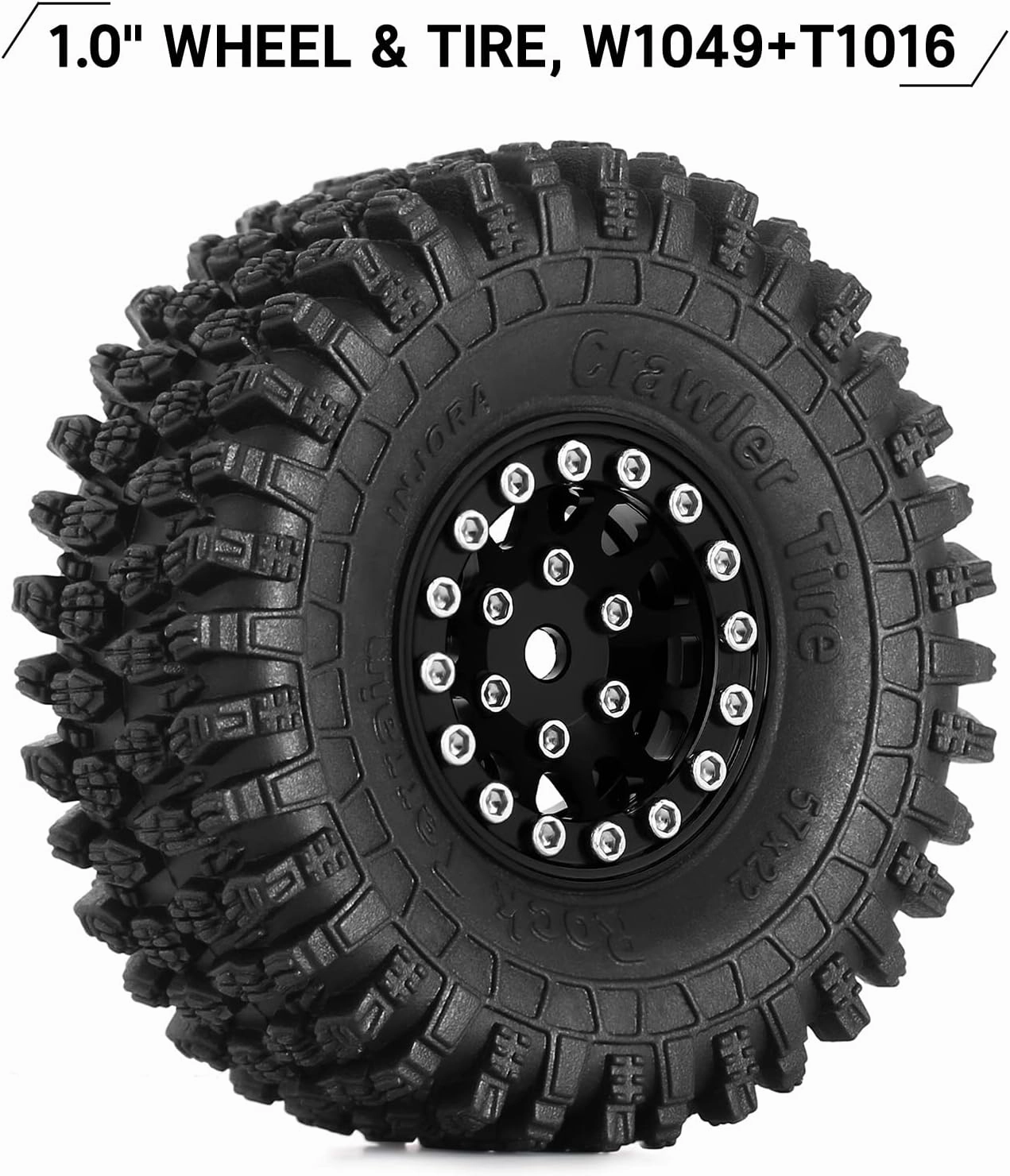 INJORA 1.0 Beadlock Wheel S5 Super Soft Sticky Crawler Tires for TRX4M Axial AX24 SCX24 FCX24 Enduro24 Upgrade, 57 * 22mm(Black)