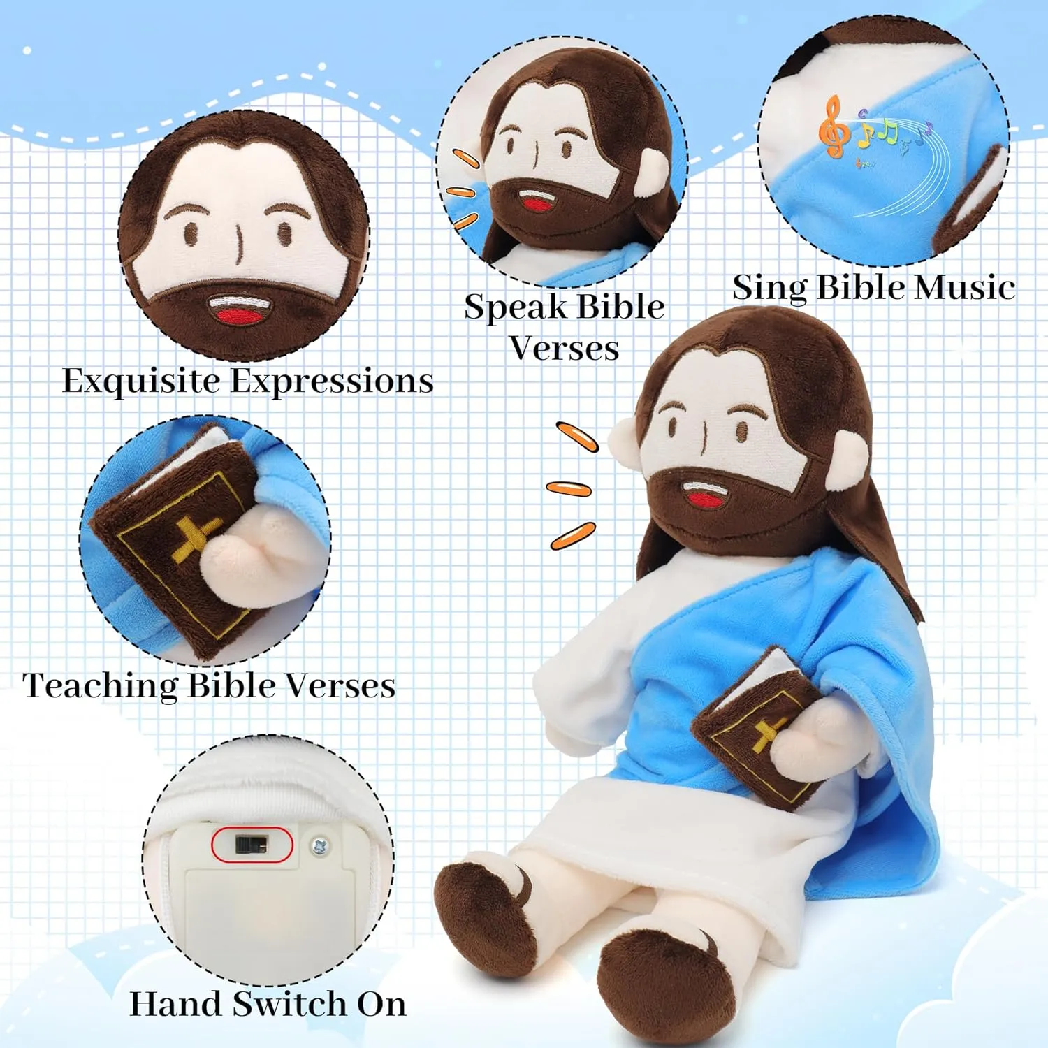 Jesus Plush Speaks 20 of Jesus' Bible Verses and 3 of Bible Music Jesus Doll Stuffed Animal to Teach Suitable for Church Sunday School Religious Easter (Blue)