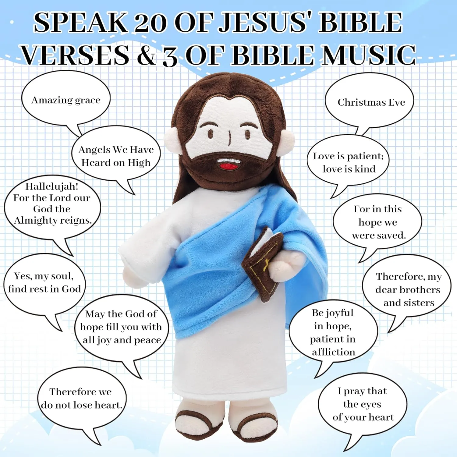 Jesus Plush Speaks 20 of Jesus' Bible Verses and 3 of Bible Music Jesus Doll Stuffed Animal to Teach Suitable for Church Sunday School Religious Easter (Blue)