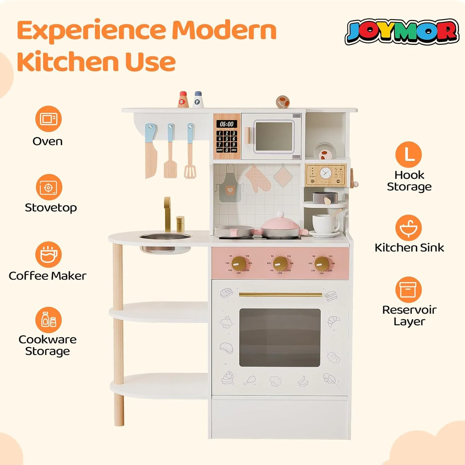 JOYMOR Kids Play Kitchen Sets, Toddler Kitchen w/Kitchen Sink & Ample Play Kitchen Accessories, Ideal for Creative Pretend Play for Children 3-10 (Cream&Gold)