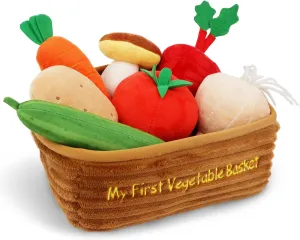 June Garden My First Vegetable Basket - 7 Pcs Plush Interactive Pretend Play Food Playset - Includes Basket Carrier, Cucumber, Carrot, Tomato, Potato, Mushroom, Radish and Garlic - Ages 2 