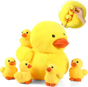 Kasyat 6 Pieces 13.7 Inches Duck Stuffed Animals with 5 Little Plush Ducks Play Set Stuffed Animals Plushies with Zipper Pouch Dolls