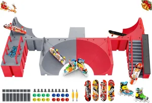KETIEE Fingerboard Skate Park Kit: 17pcs Finger Skateboard Ramp Set with Exclusive 11 Ramps 4 Mini Skateboards & Roller Skates, Large Finger Skatepark Training Props Toys Gifts for Kids Ages 6 and up
