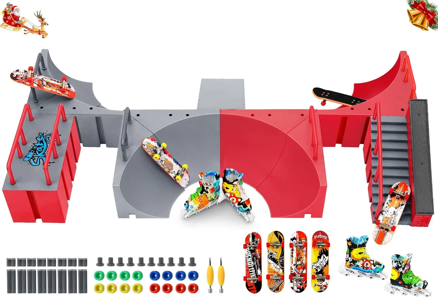 KETIEE Fingerboard Skate Park Kit: 17pcs Finger Skateboard Ramp Set with Exclusive 11 Ramps 4 Mini Skateboards & Roller Skates, Large Finger Skatepark Training Props Toys Gifts for Kids Ages 6 and up