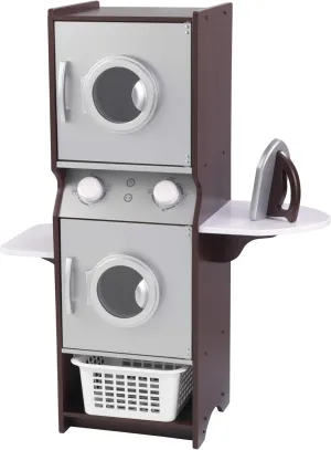 KidKraft Laundry Playset Children's Pretend Wooden Stacking Washer and Dryer Toy with Iron and Basket, Espresso, Gift for Ages 3 