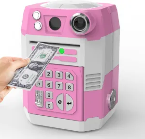 Kids Electronic Piggy Bank with Wave Activation   Password - Auto-Scan Bill Slot, Coin Slot, Infrared Sensor Safe Box, Gift for 4-11 Year Olds (Pink)