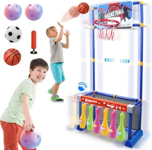 Kids Indoor Basketball Hoop with Bowling/Soccer Hoop Sets, Toddler 3 in 1 Movable Basketball Hoop with Goal Toy for Outdoor Backyard, Sports Game Play for Boys Age 3-8