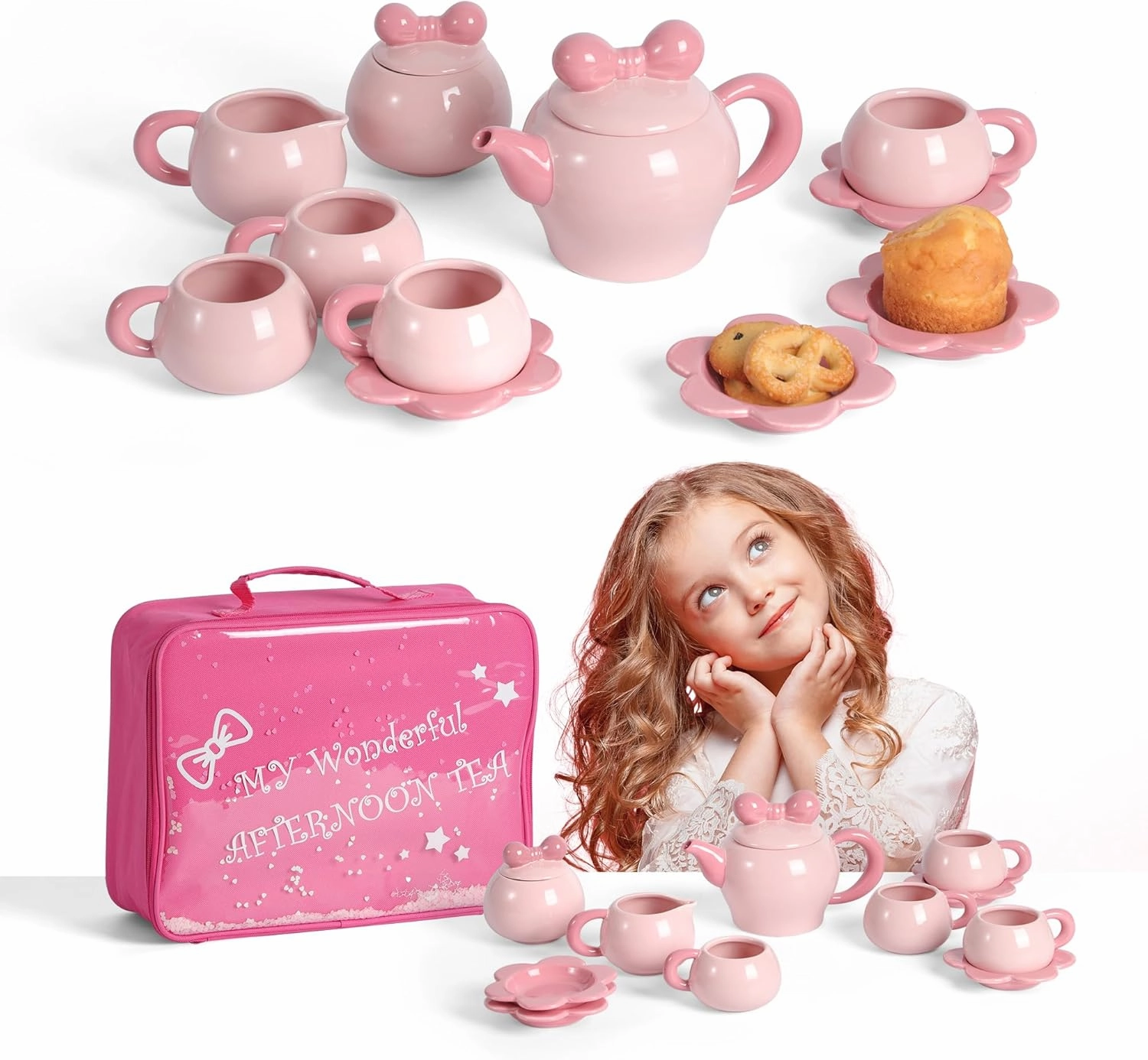 Kids Tea Set,11 Pcs Porcelain Tea Set for Girls 3 4 5 6 7 8 Includes Teapot, 4 Tea Cup and Saucers, Creamer and Sugar Bowl Tea Set for Little Girls, Toddlers Tea Party Set for Girl Birthday Gift