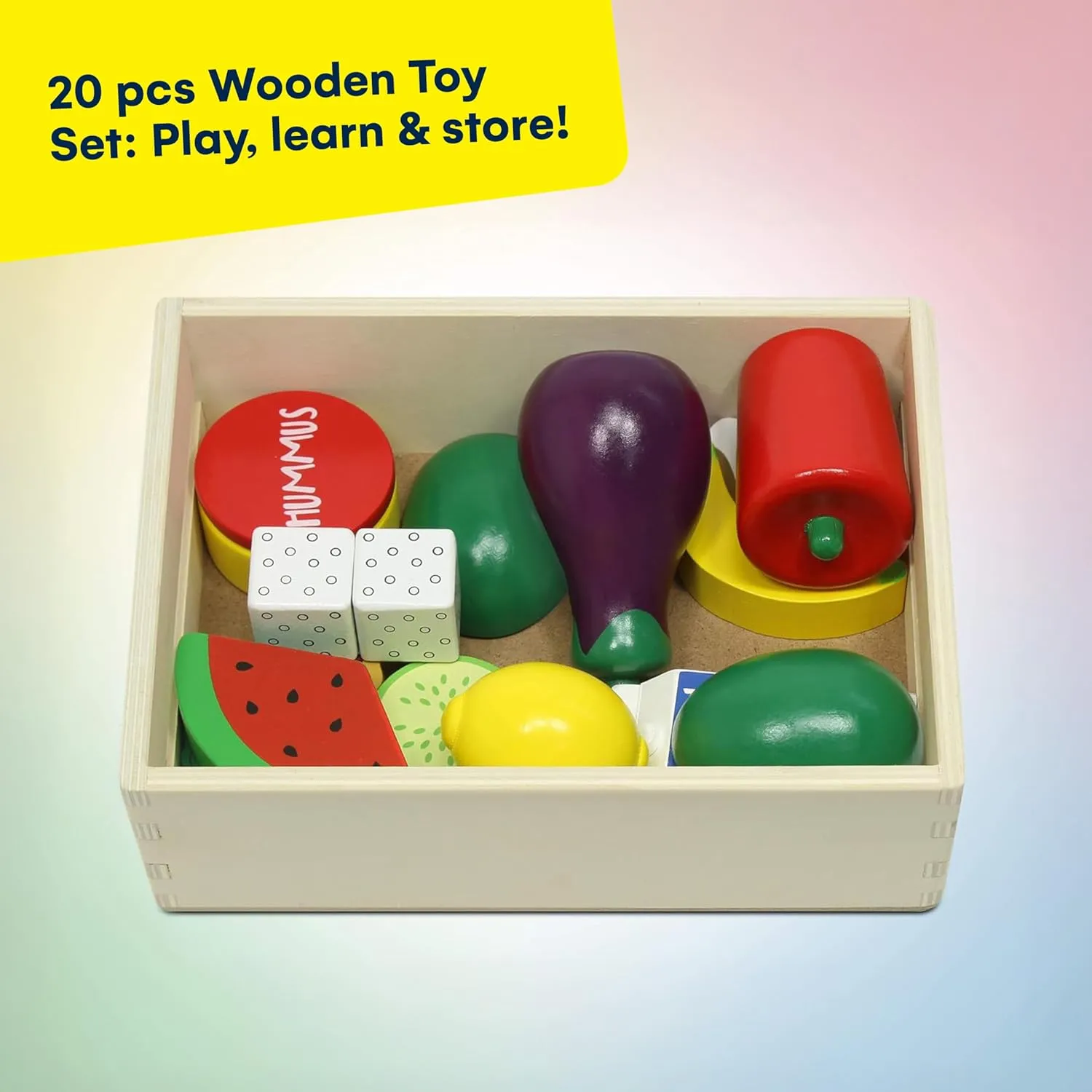 Kidzlane Wooden Vegan Toys with Wooden Crate | 20 Piece Wood Play Food Set for Kids Kitchen | Play Kitchen Accessories for Toddlers | Pretend Food Wood Toys | Ages 3 