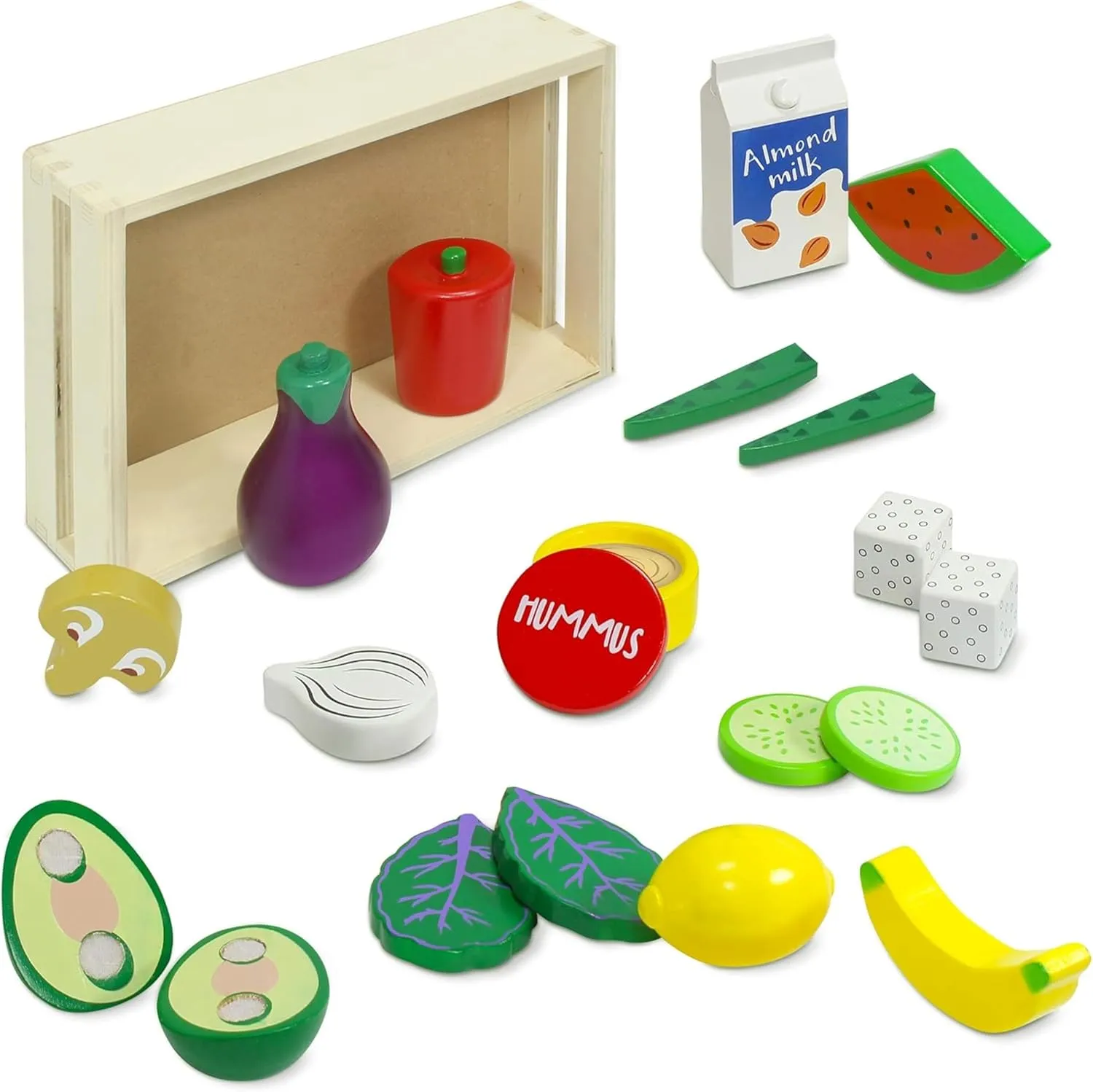 Kidzlane Wooden Vegan Toys with Wooden Crate | 20 Piece Wood Play Food Set for Kids Kitchen | Play Kitchen Accessories for Toddlers | Pretend Food Wood Toys | Ages 3 
