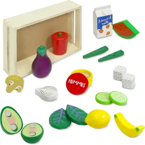 Kidzlane Wooden Vegan Toys with Wooden Crate | 20 Piece Wood Play Food Set for Kids Kitchen | Play Kitchen Accessories for Toddlers | Pretend Food Wood Toys | Ages 3 