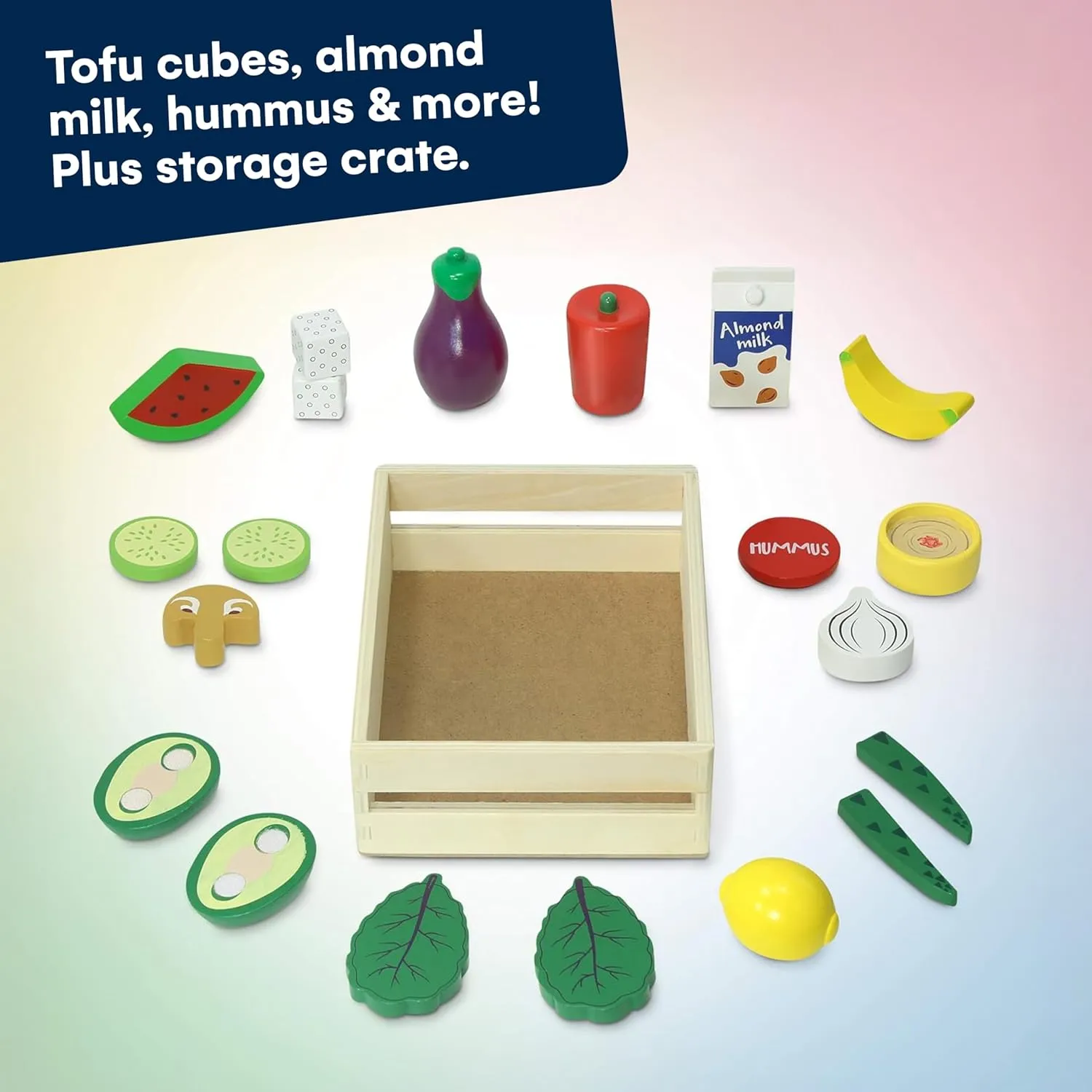 Kidzlane Wooden Vegan Toys with Wooden Crate | 20 Piece Wood Play Food Set for Kids Kitchen | Play Kitchen Accessories for Toddlers | Pretend Food Wood Toys | Ages 3 