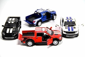 KiNSMART 2013 Ford F-150 SVT Raptor Supercrew SetOf4 w/Racing Strips 1:46 Scale 5inch Die Cast Metal Model Toy Trucks