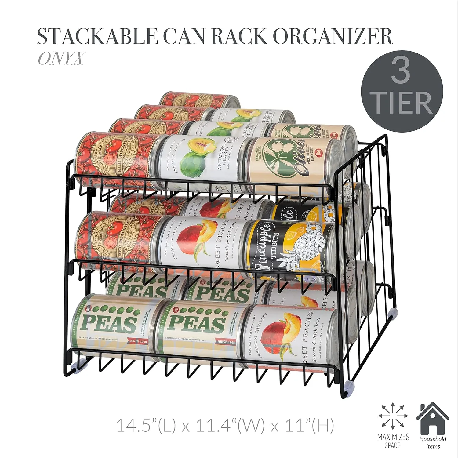 Kitchen Details 3 Tier Can Organizer | Canned Food Storage Rack | Kitchen Cabinet and Pantry Organization | Holds 36 Cans | Space Saving | Onyx
